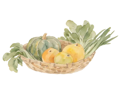 市場の季節の果物、野菜と編みかごを表す一般的な概念画。特定店舗や工芸文様の複製ではない