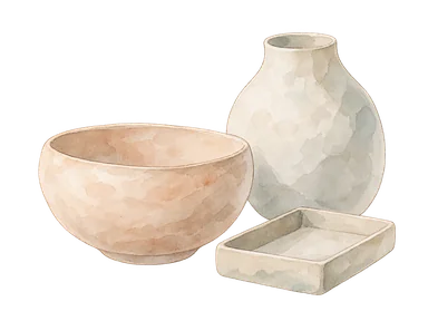 器の形と素材を扱う博物館を表す無文様の丸い土器と石製の器の概念画。特定収蔵品の再現ではない