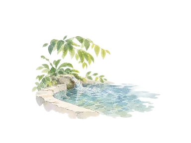 湧水と水遊びの場を表す水面と木陰の概念画
