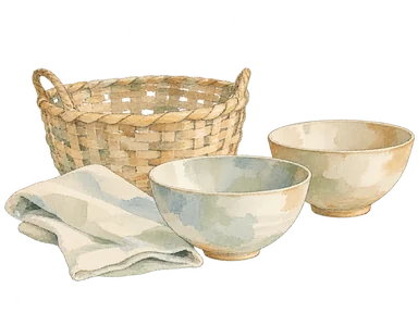 工芸品の商いを表す無地のかごと小さな陶器の概念画