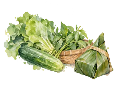 日常の市場を表す、葉野菜とキュウリ、葉包みの概念画