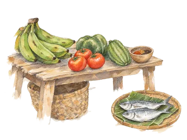 果物、野菜、香辛料と魚を並べた一般的な市場の概念画。特定の露店ではありません
