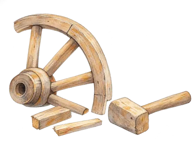 車輪の一部と木槌を描いた馬車造りの概念図。博物館の実物資料ではない