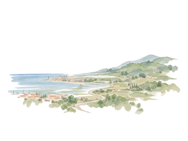 海岸低地から南の丘陵へ移る地形の概念画。スマランの実測地図や特定住宅地を再現しない。