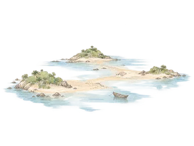 昔の港と堆積による陸地化を説明する想像図。過去の海岸線・船型・集落を厳密に復元しない。