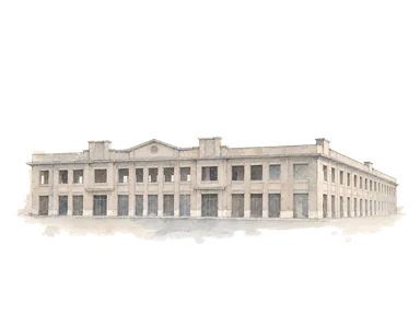 撮影年不詳の歴史写真を参考に、リヴラメント市場の正面と右側面を省略して描いた水彩