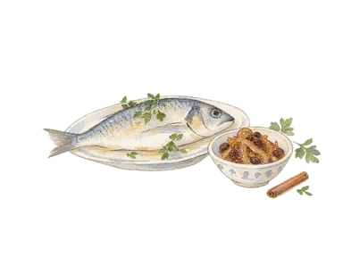 魚料理と玉ねぎ・レーズンの小鉢を表す概念水彩。特定店の盛り付けではありません。
