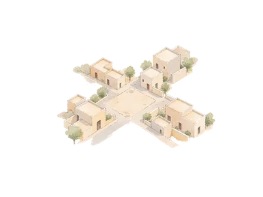 旧市街の規則的な街路と中央の広場を表す概念水彩。実測地図やモスク外形の再現ではありません。