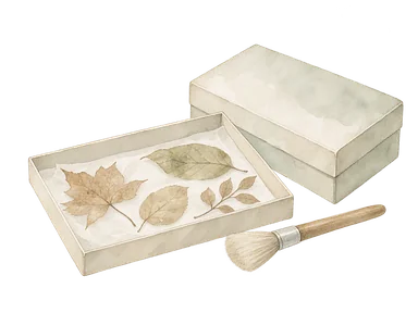 植物標本の保存を表す乾燥葉と無記名の保存箱の概念画。特定標本の複製ではない