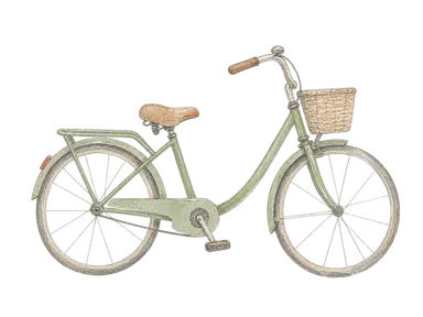 街の日々の移動を表す、かごと荷台付き自転車の概念水彩。特定の車両や街路の再現ではない。