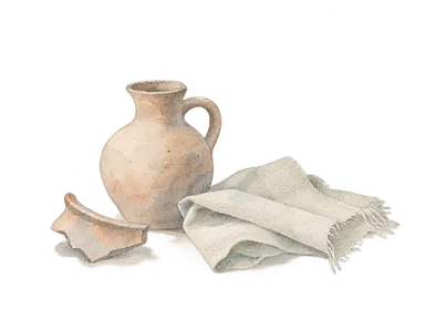 土器の小壺、陶片、無地の織布で生活資料を表す概念水彩。博物館の実物や特定の伝統衣装の再現ではない。