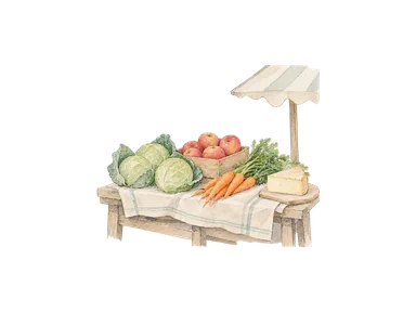 野菜・果物・チーズを並べる一般的な市場台の概念画。特定のチビン市場売場や包装を再現しない。