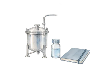 小型の製造容器と薬瓶を描いたバイオ医薬品製造の概念水彩