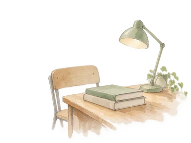 机と椅子、教科書を描いたキャンパスの学習の概念水彩