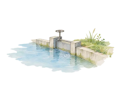 水門と水辺の植栽を描いた概念水彩。松島の実施設の再現ではない