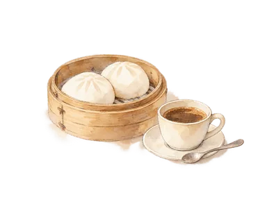 蒸しパンのせいろとコーヒーカップを描いた食文化の概念水彩