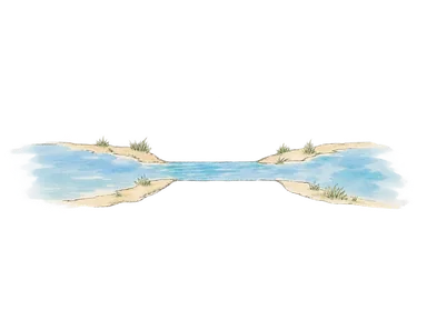 運河と平らな岸で水辺の地形を表した概念水彩。ソンクラーの地図や実景の再現ではない