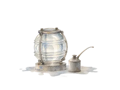 レンズと小さな油缶で灯台の仕事を表した概念水彩。実物灯台の再現ではない