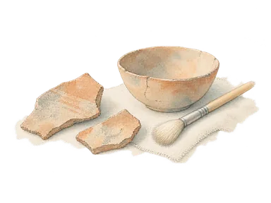 陶片と小鉢、刷毛を組み合わせた考古資料保存の概念画