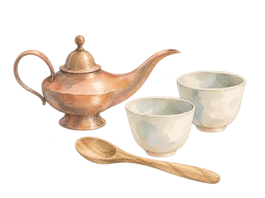 銅の灯り、陶器の茶器、木の匙を組み合わせたスークの商品概念画