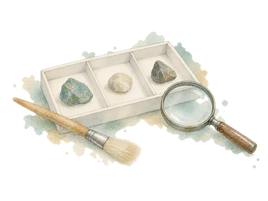 資料整理の箱、一般的な石とブラシで博物館の保存作業を表す概念画。実際の収蔵品、先住民の文化財や博物館建築ではありません