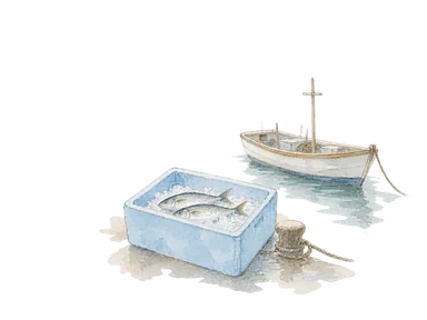 魚を入れる保冷箱、氷と小さな漁船を表す水産流通の概念水彩。ポイント・ワーフ実施設の再現ではありません。