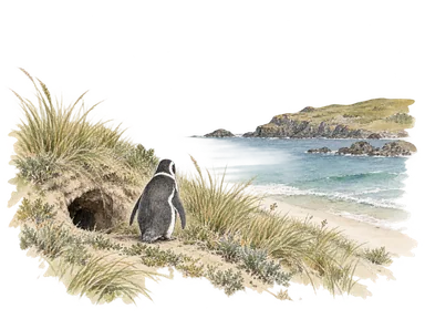 草のある砂地の巣穴と、後ろ向きのマゼランペンギンを表す生息環境の概念画。保護区の正確な地形ではありません