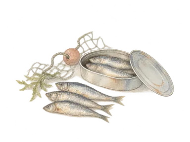 燻製小魚の缶詰産業を表す、小魚と無地の缶の概念画。