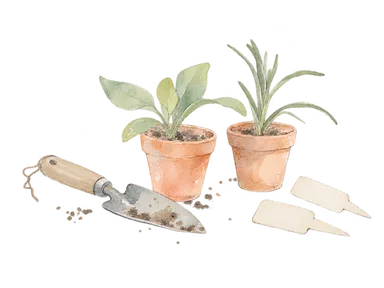 植物を育てる鉢と移植ごてを描いた概念図。特定の収蔵植物ではない