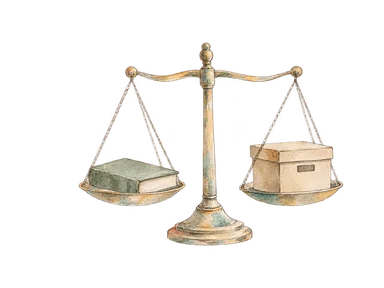 秤、無地の書類箱と閉じた本による司法の仕事の概念画。実際の裁判所、法律文書や紋章を再現していません
