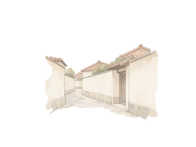 高い塀と門、小さな屋根が並ぶ路地の概念水彩。特定の商家や実在街路の再現ではない