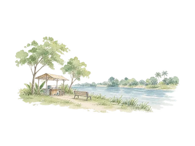 川岸の緑地と簡素な飲食屋台を表す概念水彩。特定公園の施設配置や川幅の再現ではない
