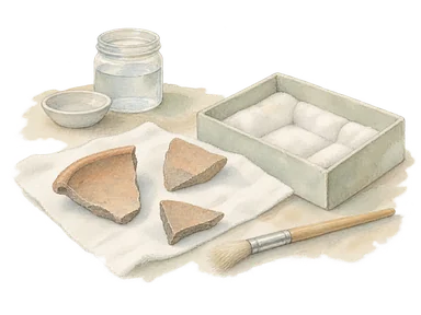 土器片と刷毛で博物館の資料保存を表した概念画。実物の収蔵品、ラピタ文様、展示室の再現ではありません
