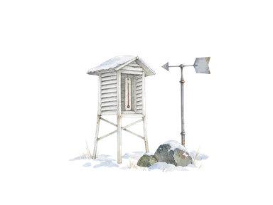 古い気象観測を象徴する温度計と風向計、雪と岩を描く概念画。第1次隊の実機、1957年の基地建築や歴史場面の復元ではありません