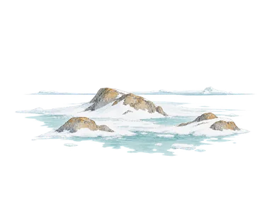岩のある島の岸、海氷と遠い大陸の氷を表す概念画。東オングル島の実際の輪郭、海岸や基地の配置を再現した地図ではありません