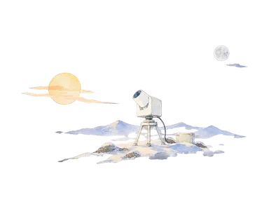 低い太陽と満月、小さな受光器で光を用いるオゾン観測を表す概念画。太陽と月は異なる時刻の観測方法を並べたもので、同時刻の空、実在の測器や設備配置を再現していません