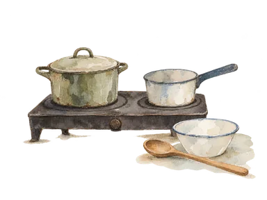 共同台所の鍋と食器を示す概念画