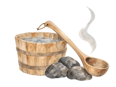 桶とひしゃくと湯気の概念画