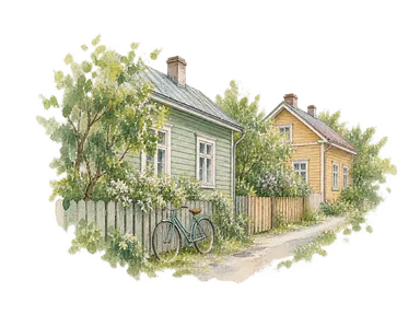 色を抑えた木造住宅と庭、自転車で住宅地の暮らしを示す概念画。スピリンの特定の住宅、街路や祭りを再現した図ではありません
