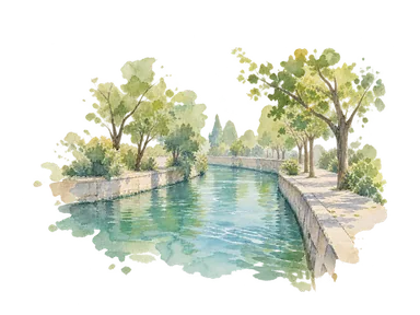 木陰の歩道と細い都市水路の概念画。アンホールの特定区間やナヴルーズ公園の橋の再現ではありません