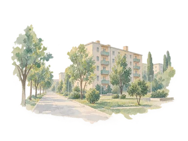 集合住宅、街路樹と広い歩道で表した都市再建の概念画。実在住宅団地、地震被害や復旧現場の再現ではありません
