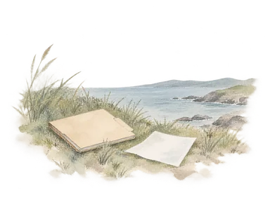 海辺の草地と無記名の歴史資料を描いた土地史の概念画、集落や戦闘の復元ではない