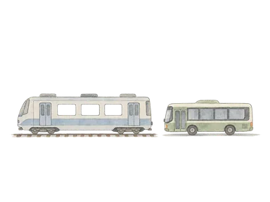 地下鉄と市営バスを表す一般化した車両の概念水彩。トビリシの実車型式や塗装を再現したものではない。