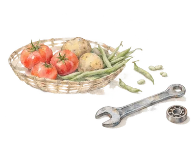 野菜籠と小さな修理道具で商いの多様さを表す概念画