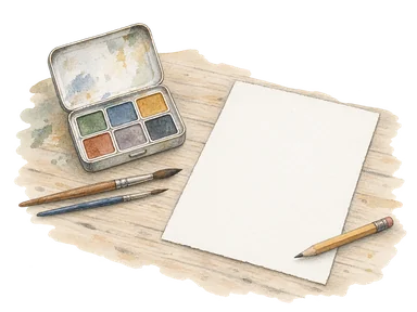 絵具、筆と白紙で表す現代美術教育の概念画。VASTの実在作品を複製していません