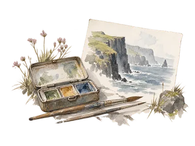画材と海辺の小さな風景画で表したフェロー諸島の美術のイメージ。既存作品の複製ではありません
