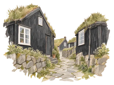 トースハウン旧市街の木造住宅と草屋根を表した概念画。特定の家の再現ではありません