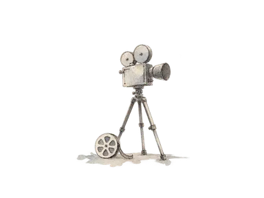 三脚付きカメラとフィルムリールを描いた映像制作の概念水彩