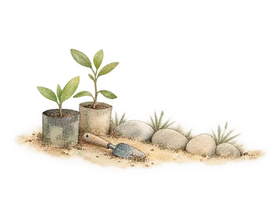 苗木と短い石列を描いた潟の保全作業の概念水彩