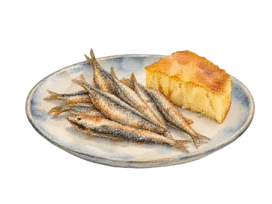 ハムシ料理を表す小魚の揚げ物とパンの概念画